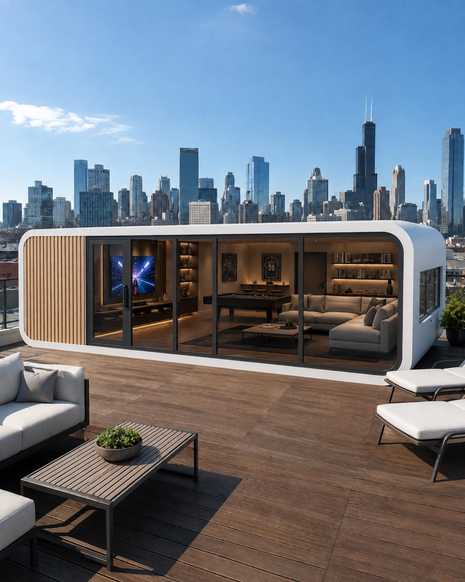 Domicina modular building on a rooftop deck configured as a lounge and recreation space