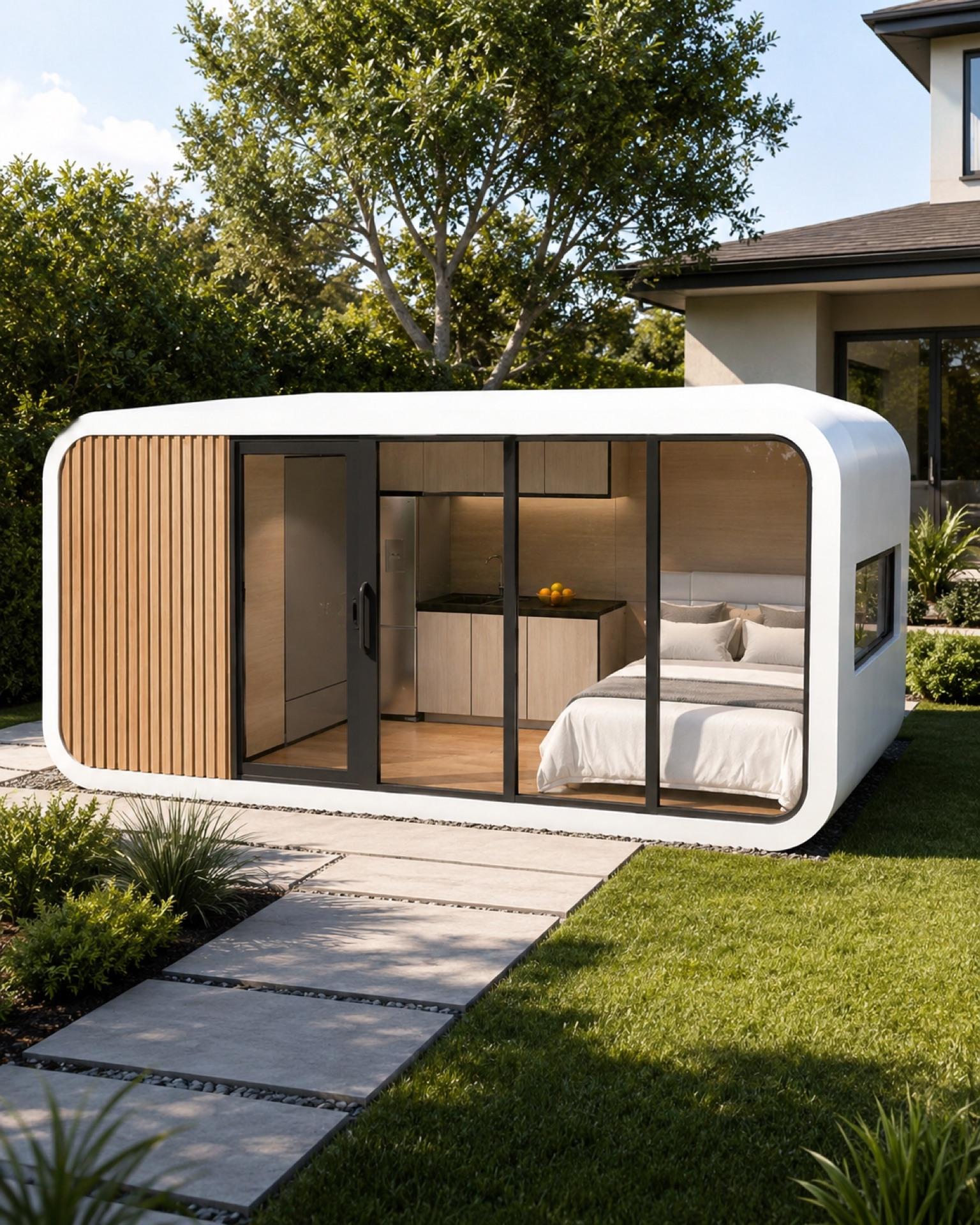 Domicina modular guest space with floor-to-ceiling glass in a landscaped backyard