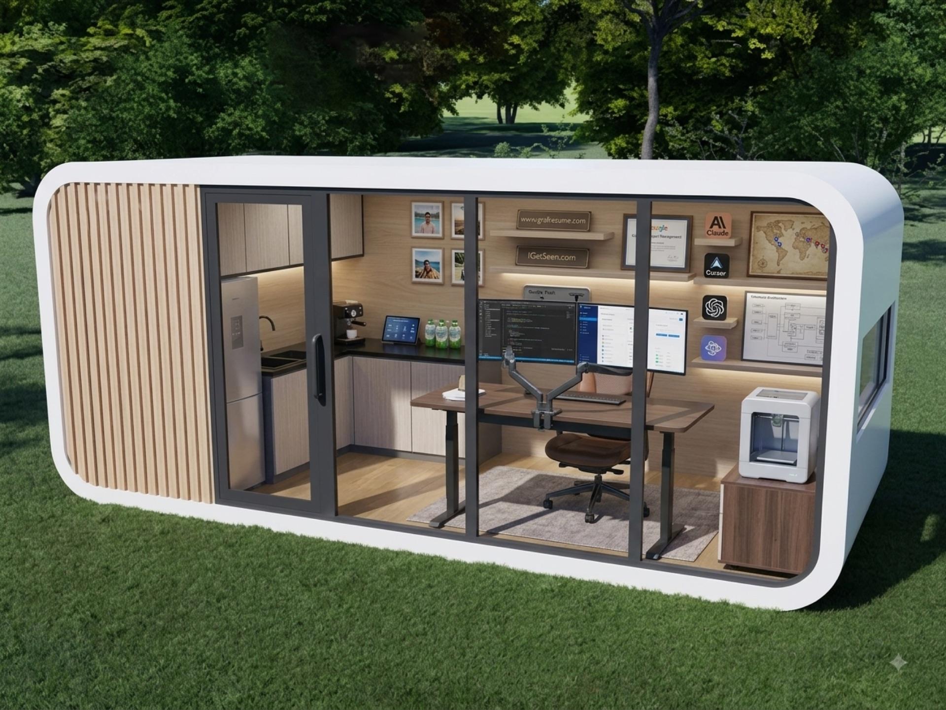 Domicina prefabricated modular building configured as a backyard home office with desk and kitchenette