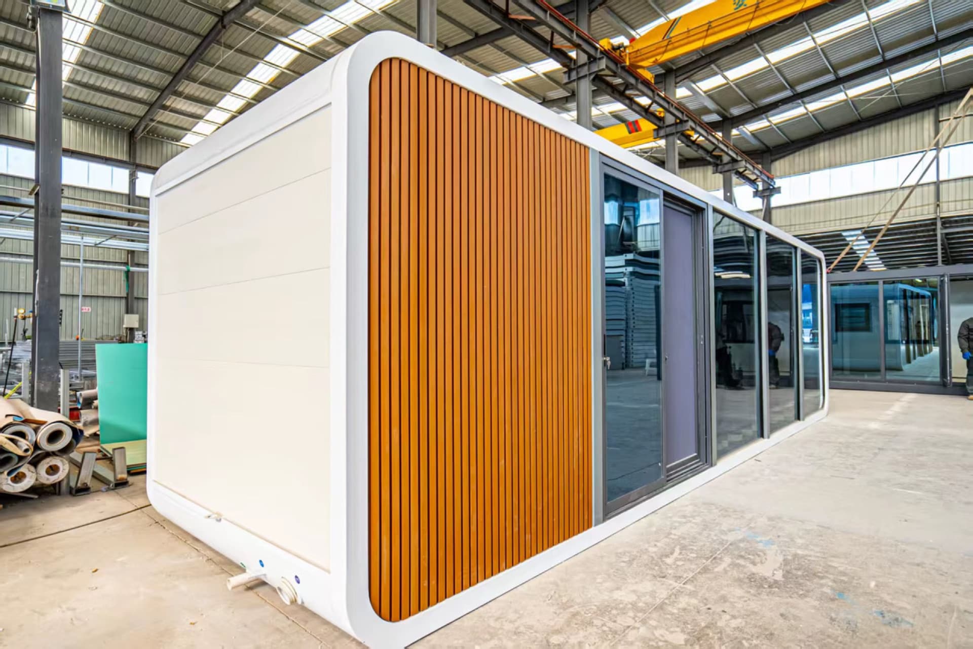 Completed prefabricated modular building on the factory floor before shipment