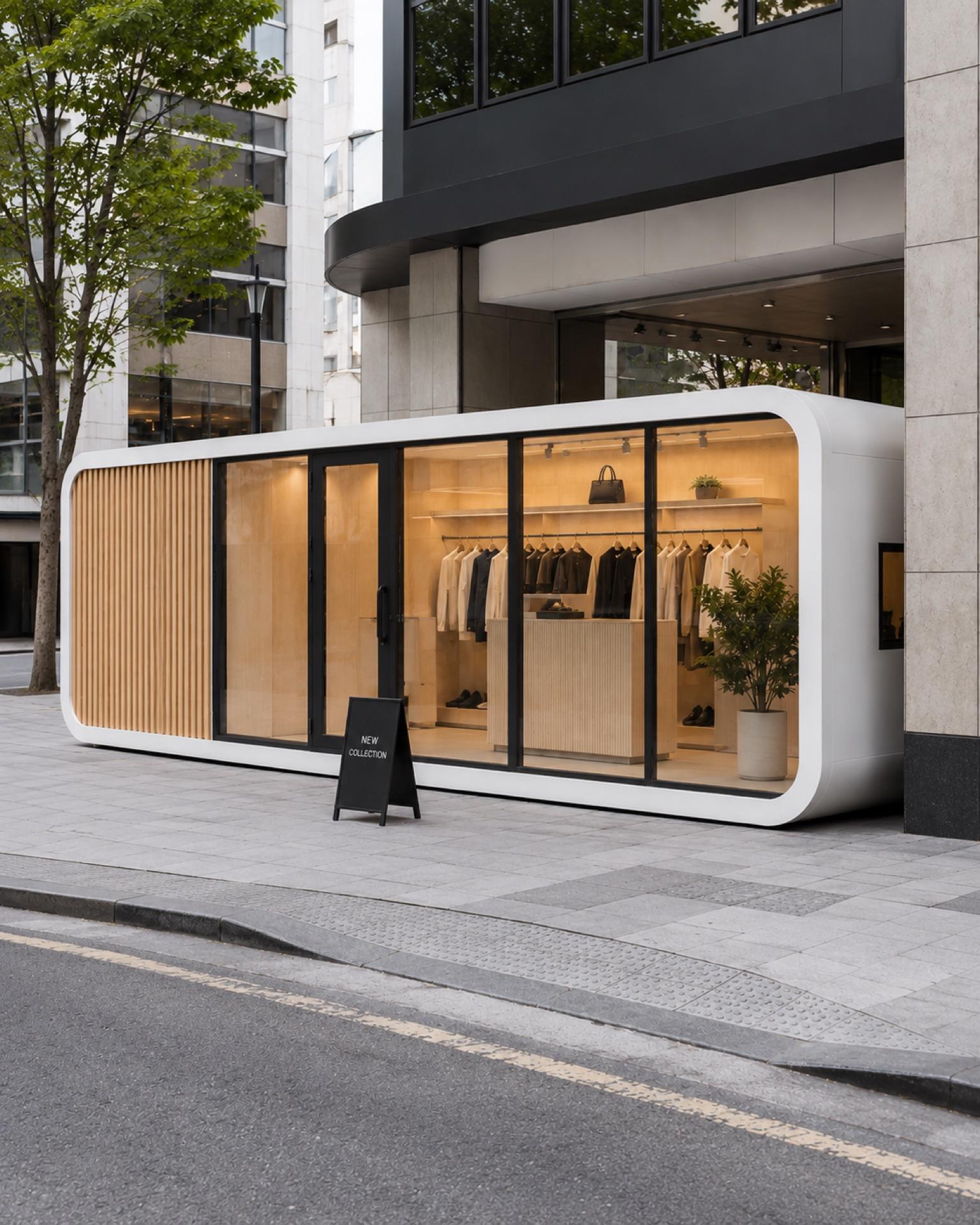 Domicina modular building used as a street-facing retail showroom with glass frontage