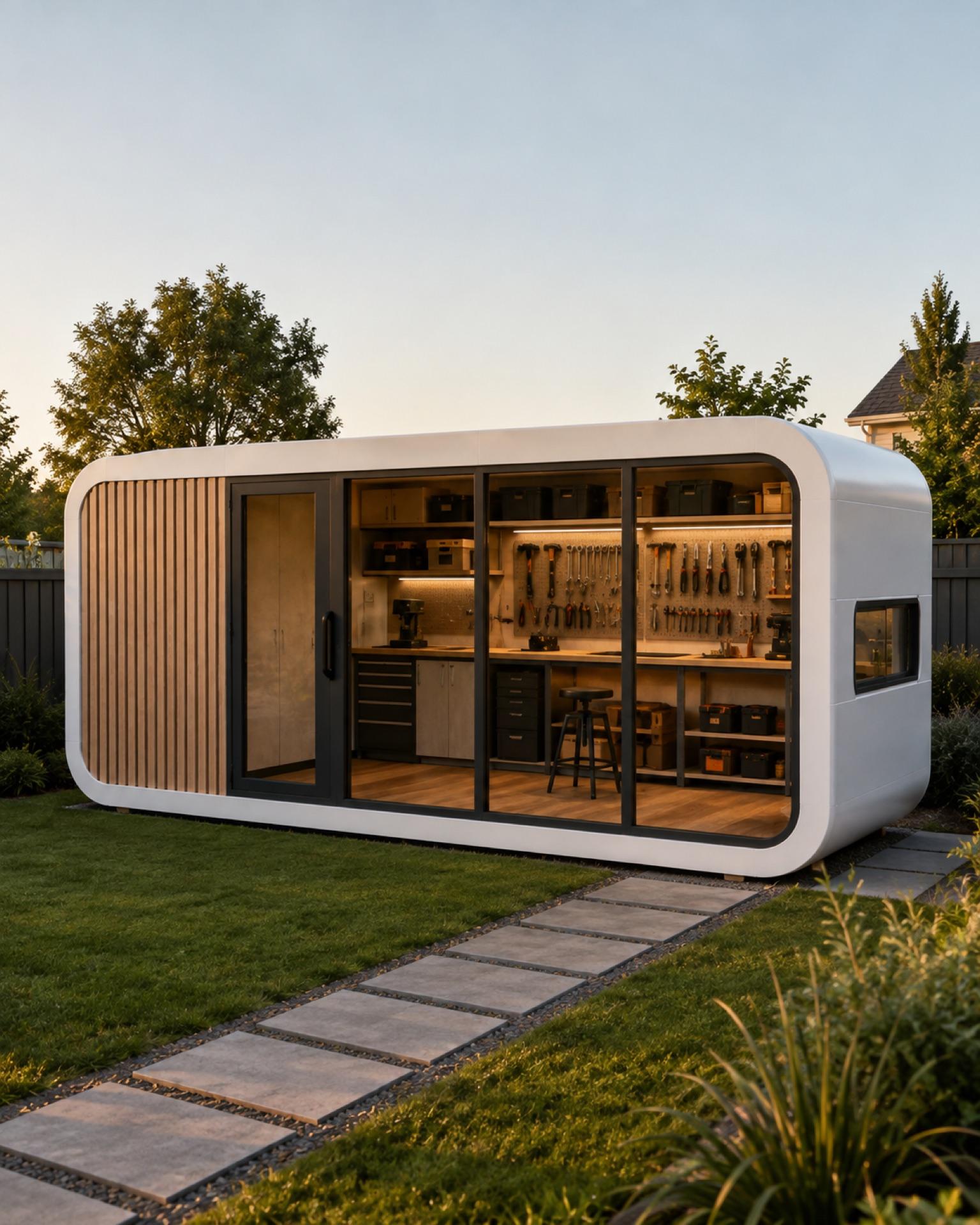 Domicina modular workshop with pegboard tools and work surfaces visible through glass