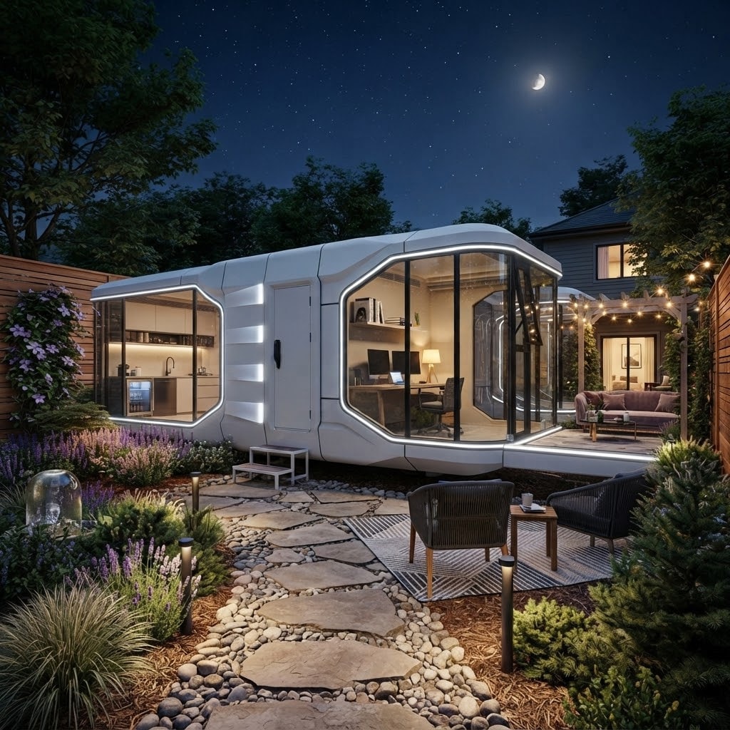 Domicina Contemporary — sculpted white 40FT capsule with light-outlined panoramic windows in a backyard garden at night