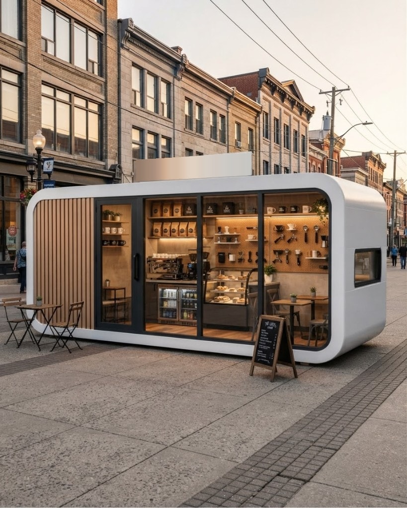 Domicina Essential — white rounded 40FT capsule with panoramic glazing and a wood-slat end panel, fitted out as a street-side café