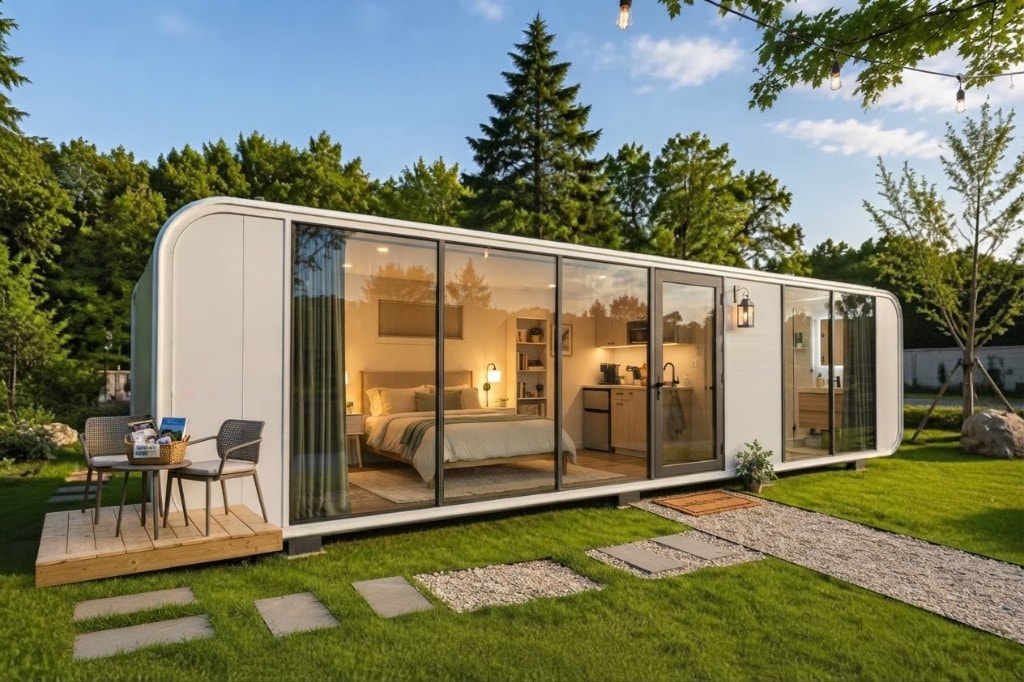 Domicina Essential Plus — white 40FT capsule with a full panoramic glass elevation and a warmly lit interior on a lawn
