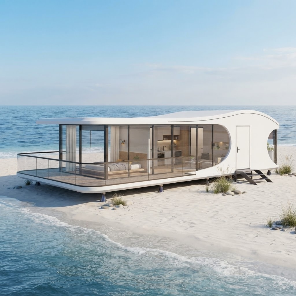Domicina Grand — sculptural white 40FT building with a sweeping roofline, panoramic glazing and a glass-railed terrace on a beach