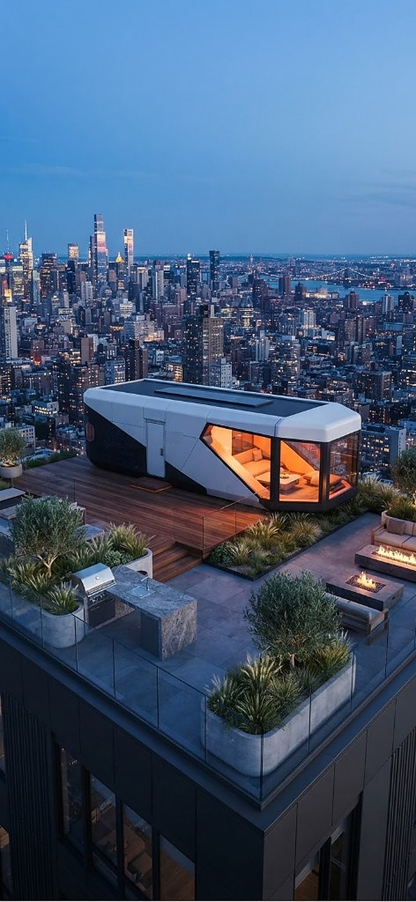 Domicina Signature — futuristic 40FT capsule with geometric detailing and wraparound corner glazing on a city rooftop terrace at dusk